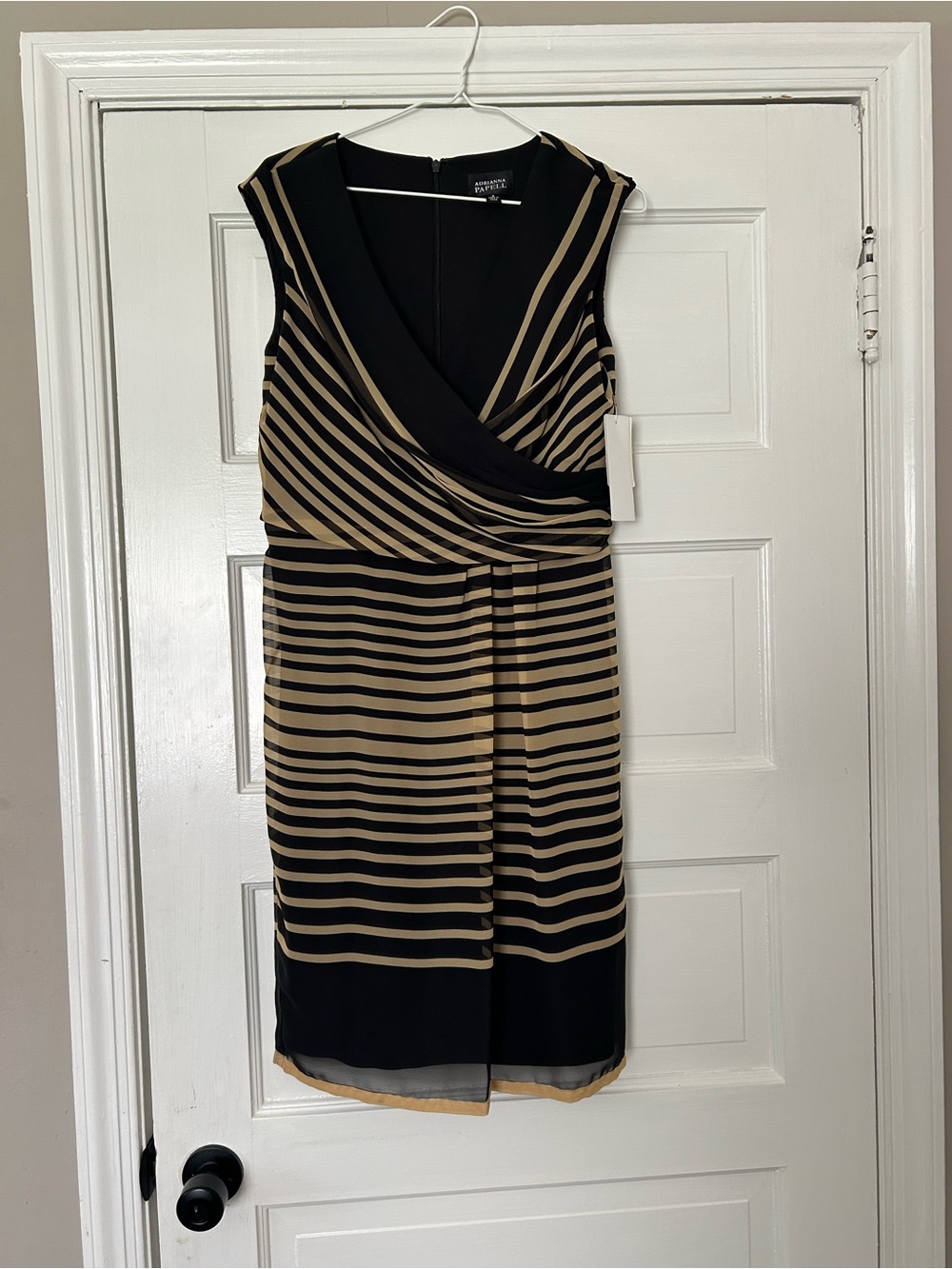 Adrianna Papell Black and Tan Striped Wrap-Front Midi Dress